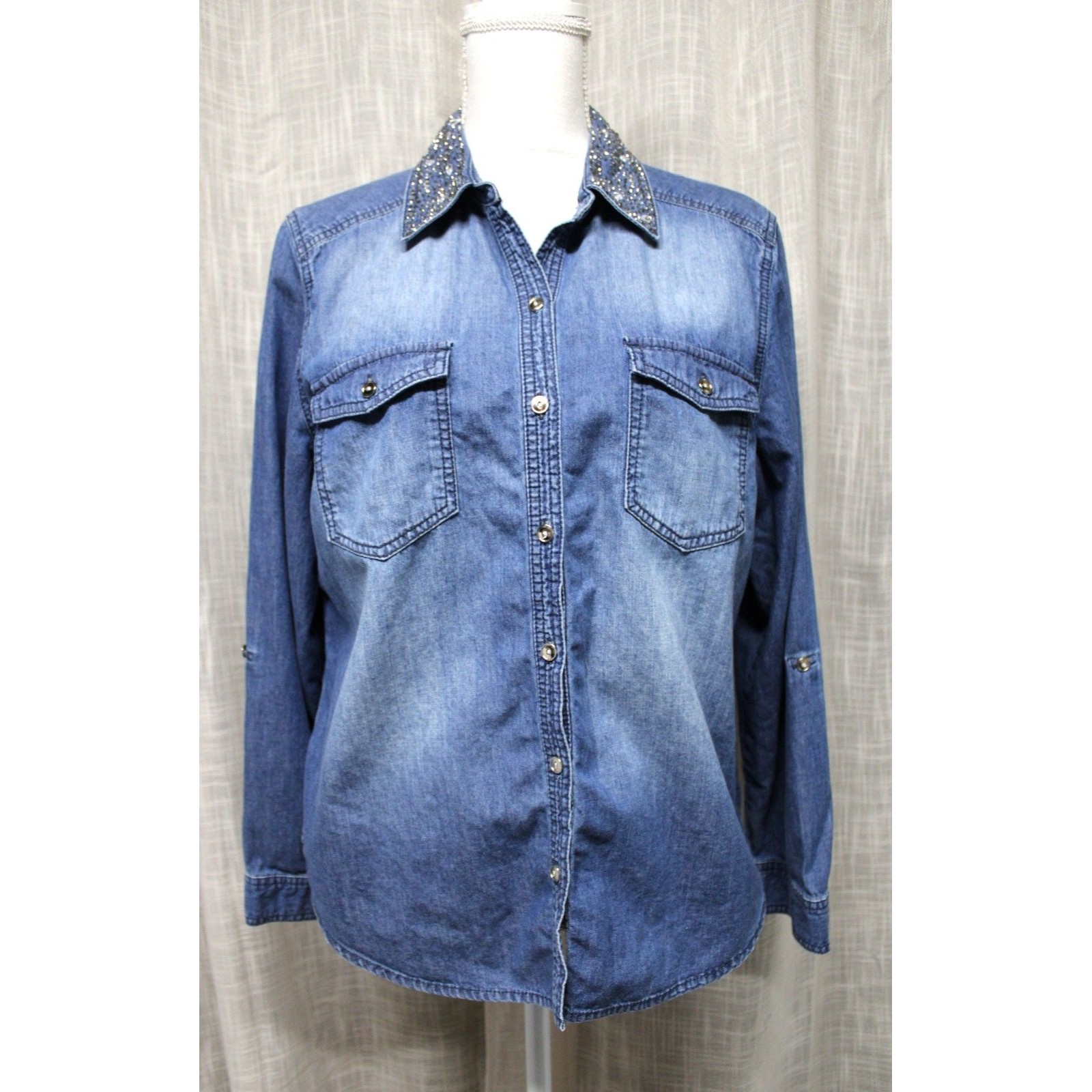 Vintage 80's Western Glam Denim Rhinestone Shirt W/Roll Sleeves Sz 2- L
